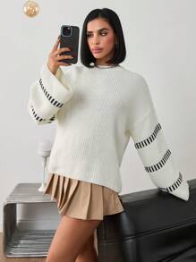 EURMUSE Women Oversized Knitted Pullover, Casual Loose Slouchy Outwear/Inner Shirt, Autumn/Winter - Black and White - View 3