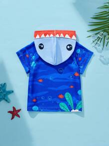 SHEIN 男婴可爱卡通鲨鱼图案连帽衫，海洋印花，适合夏季海滩度假和户外活动 - 藍色 - 查看 2