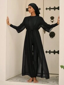 Swim Mulvari Burkini long à manches longues de couleur unie pour femmes, casual et pour le port quotidien en vacances à la plage d'été. Vêtement arabe - Noir - Voir 6