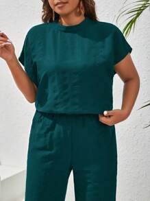 SHEIN VCAY Camiseta con mangas tipo murciélago y pantalones anchos de verano talla grande - Agua verde azul - Ver 3