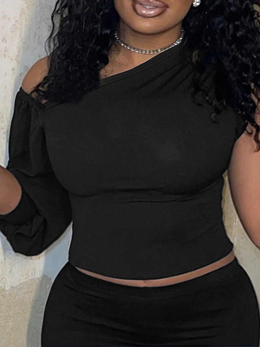 INAWLY Plus Size Women Asymmetrical Collar Fitted Fashionable Top - Black - View 1