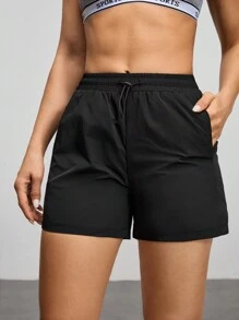 Women's Solid Color Drawstring Waist Pocket Casual Outdoor Shorts - Black - View 4