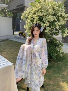 DAZY Đầm midi chiffon in hoa cho nữ, đầm tay dài mùa thu, trang phục đi nghỉ mát, lễ Phục sinh, phong cách boho. - Màu tím - Xem 7