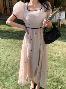DAZY Women's Polka Dot Bowknot Casual Puff Sleeve Mid-Length Dress Sundress Easter Maxi Dress Floral Dresses For Women - Apricot - View 9