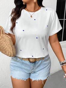 SHEIN Frenchy Áo thun cổ tròn tay ngắn thêu hình trái tim cỡ lớn trở lại trường, mùa hè - Xanh và trắng - Xem 5