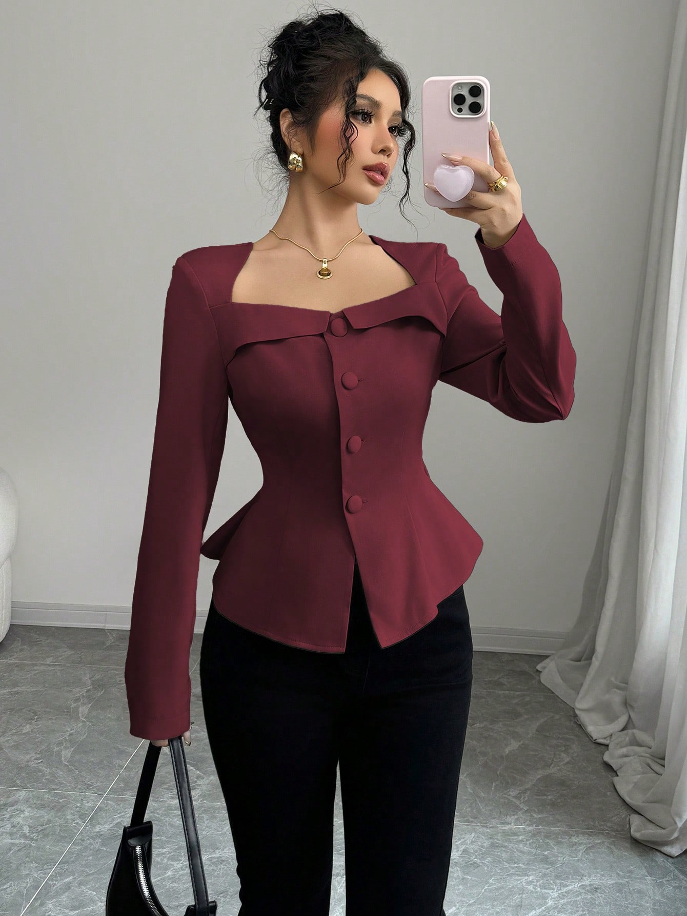Elenzga قميص نسائي أنيق بياقة فرنسية شكل شبه منحرف...