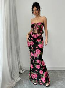 Chiquease 2 件套红色和黑色玫瑰印花服装：系带花卉印花吊带背心短款上衣和花卉印花紧身鱼尾中裙，褶皱/荷叶边玫瑰花朵领带蝴蝶结新年派对礼服，适合女士情人节 - 粉色 - 查看 3