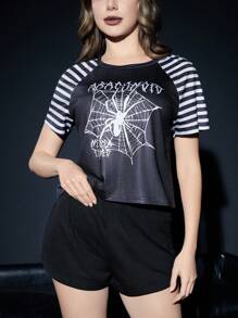 ROMWE Grunge Punk Punk Spider Print Striped Raglan Sleeve Shorts Pajama Set - Black - View 1