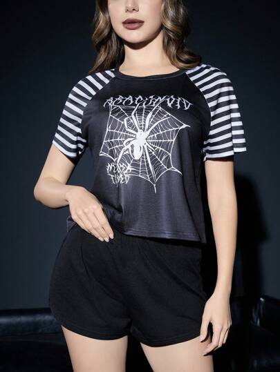 Grunge Punk Punk Spider Print Striped Raglan Sleeve Shorts Pajama Set