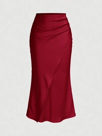 SHEIN Privé 女式纯色褶皱鱼尾缎面半身裙