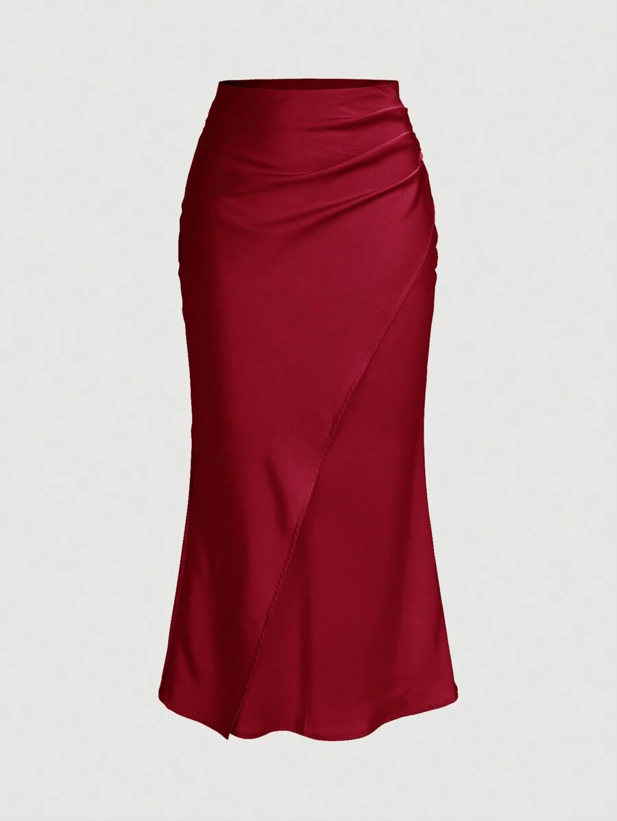 SHEIN Privé 女式纯色褶皱鱼尾缎面半身裙 - 酒紅色 - 查看 1