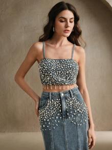 Anewsta Rhinestone Embellished Fancy Denim Cropped Cami Top For Women, Summer Festival/Concert - Dark Wash - View 6