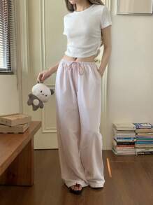 CovetEZ Pink Stripe Woven Loose Wide Leg Casual Pants For Women - Pink - View 3