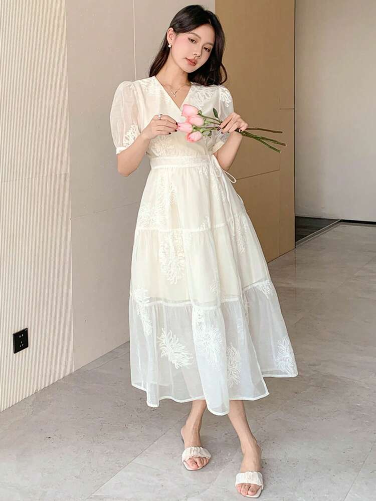 Women's Lace Oblique Collar Waist Cinched Long Dress,Ruffle