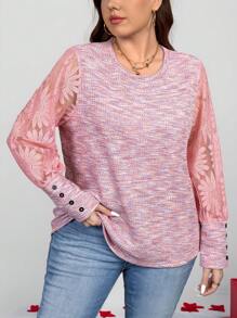 SHEIN LUNE Plus Size Ziua Îndrăgostiților Femei Vară Dantela Mâneci lungi Patchwork Roz Top Femei - Roz - Vizualizare 10