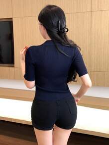 DAZY Áo len dệt kim cổ polo tay ngắn màu trơn thường ngày cho nữ - Màu xanh hải quân - Xem 5