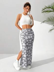 SHEIN EZwear Váy bó sát hở gấu in họa tiết hoa toàn thân cho nữ, thường ngày & đi nghỉ - Xám - Xem 6