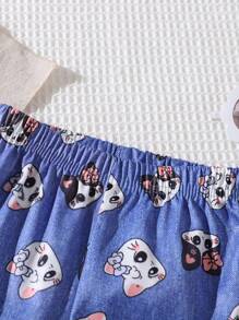 Baby Girls Casual And Loose Versatile Elastic Waist Cute Cat Graphic Blue Denim Effect Flared Pants, Suitable For Spring, Fall,Winter - Blue - View 8