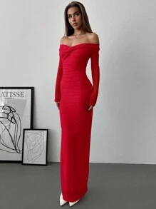 Aloruh Vestido romántico para mujer con hombros descubiertos, manga larga, malla trenzada y fruncido - Rojo - Ver 4