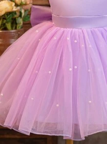 SHEIN Glamorique Kids 女嬰公主禮服，薰衣草色夏季優雅伴娘花童紫色緞面珍珠網紗大禮服，V領可拆卸蝴蝶結，適合派對婚禮 - 紫色 - 查看 3