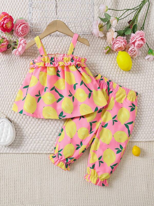 SHEIN 2pcs Baby/Baby Girl Lemon Print Ruffle Trim Camisole Paired With Pumpkin Pants Set, Suitable For Summer Beach Vacation