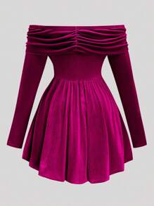 Flirla Plus Size Women Off Shoulder Velvet Glittery Exaggerated Bow Elegant Cute Party Dress - Red Violet - View 2