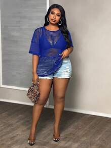 Slaydiva Plus Size Semi-Sheer Loose Fit Crew Neck Regular T-Shirt With 3/4 Sleeves, Casual Street Style, Spring/Autumn - Royal Blue - View 4