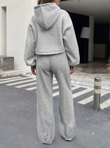 INAWLY Bộ 2 áo hoodie dài tay trễ vai màu trơn cho nữ và quần nỉ, trang phục thường ngày thu/đông - Màu Xám nhạt - Xem 2