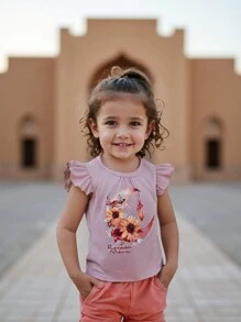 Wildeya Camiseta con estampado floral y lunar, y mangas con volantes para niñas jóvenes, color rosa, dulce y bonita, adecuada para actividades diarias, salidas y eventos sociales, colección de primavera/verano para el Ramadán
