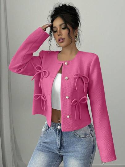 Elenzga 女式秋季长袖单扣蝴蝶结粉色夹克