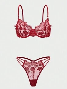SHEIN 2 Peças Conjunto de Lingerie Vintage Romântico Bordado Borgonha para Mulheres, Sexy - Vinho - Visão 3