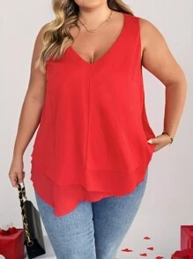 SHEIN CURVE+ CURVE PLUS /Valentine's Day/Plus Size Women's Solid Color Hem Asymmetric Multi-Layer Design Sleeveless Top Boho Vacation - Red - View 5