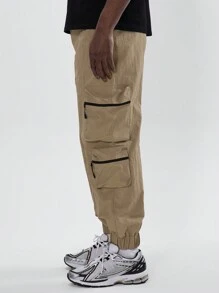 Musero 直筒裤卷边工装裤口袋秋冬 - 卡其色 - 查看 3