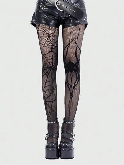 Goth 1 Pair Spider & Web Fishnet Pantyhose, Halloween