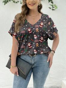 SHEIN Essnce 圣诞节服装圣诞老人雪人图案女式夏季短袖V领宽松大码T恤上衣套头衫 - 彩色 - 查看 3