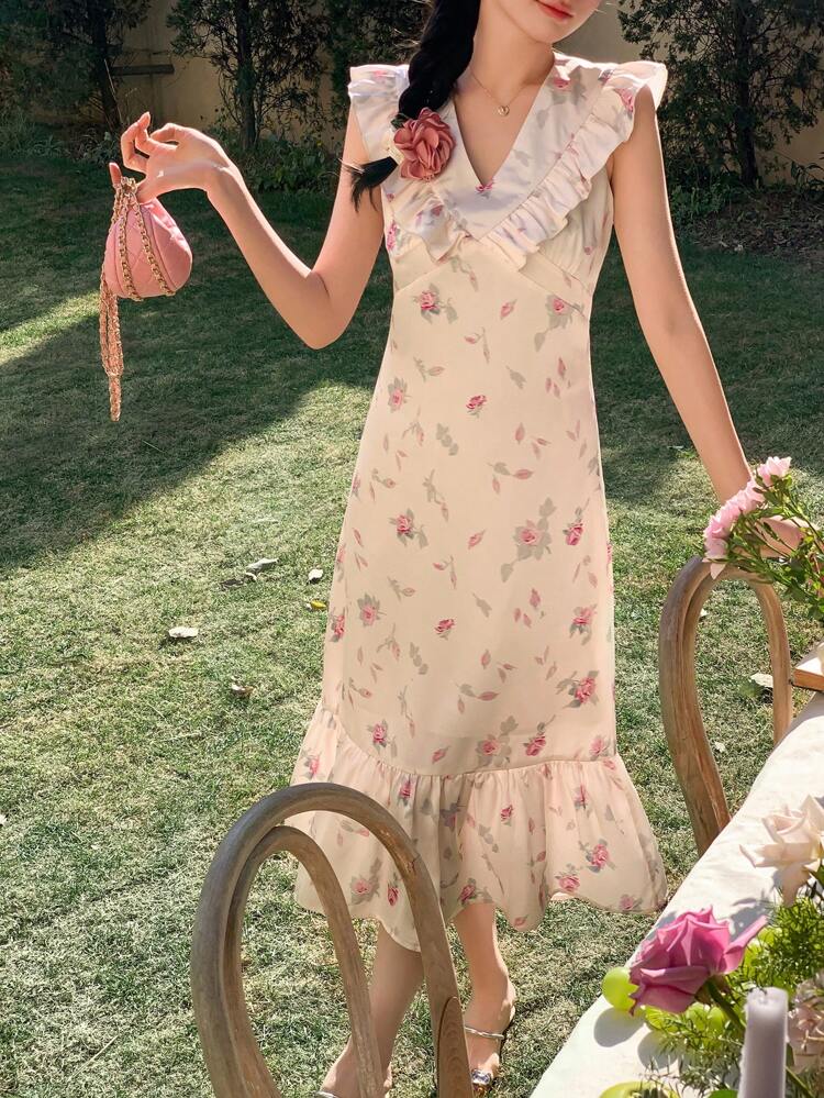 Women's V-Neck Satin Ruffled Trim Korean-Style Mid-Length Dress Floral Sundress,Casual Women Dresses Maxi Dress