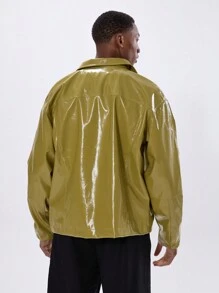 Musero Collared PU Trucker Jacket - Olive Green - View 3