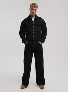 Musero Contrast Stitching Oversized Straight Leg Jeans