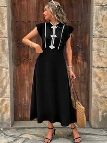 Chiquease Vestido de unicolor con cuello mao, volantes en el bajo y contraste de color, estilo chino moderno para mujer - Negro - Ver 5