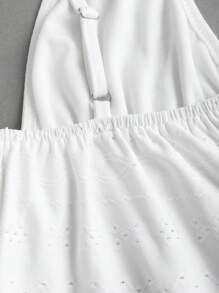 Sweetra Women's New Vacationwear Beach Pure White Camisole Top - Hollow-Out, Textured Ruffles, V-Neck, Sleeveless, Crop Top For Summer - White - View 3