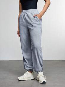 SHEIN Sports Women's Solid Color Elastic Waist Pocket Casual Sportswear Pants - Grey - View 3