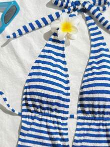 SHEIN Swim Women's Summer Beach Outfit: Textured Blue & White Striped Halter Backless One Piece Swimsuit + Hibiscus Hair Clip - Blue and White - View 4