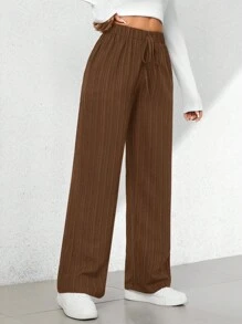 SHEIN PETITE Summer Casual Textured Wide-Leg Capri Pants - Brown - View 6