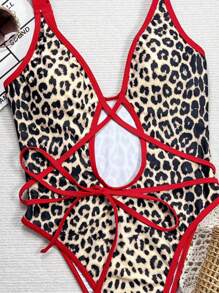 Swim SXY Traje de baño de una pieza para mujer con cuello en V, tirantes cruzados y estampado de leopardo - Multicolor - Ver 3