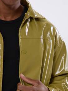 Musero Collared PU Trucker Jacket - Olive Green - View 5
