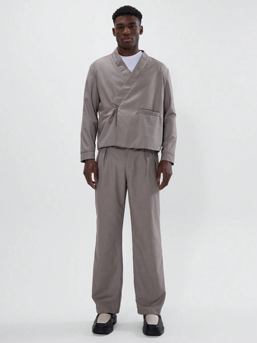 Musero 和服式裹身西装外套，领带细节设计，插袋西装外套，春夏必备剪裁单品 - 灰色 - 查看 1