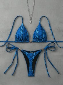 Swim Vcay 2 stuks Zomer Dames Strand Halter Print Triangel Bikini Top En String Zijkant Strik Bodem Badmode Set