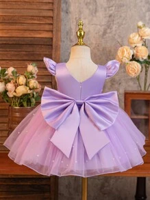 SHEIN Glamorique Kids 女嬰公主禮服，薰衣草色夏季優雅伴娘花童紫色緞面珍珠網紗大禮服，V領可拆卸蝴蝶結，適合派對婚禮 - 紫色 - 查看 2