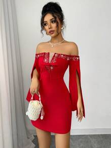 Chiquease 浪漫情人节红色露肩亮片荷叶边女式派对礼服 - 紅色 - 查看 7