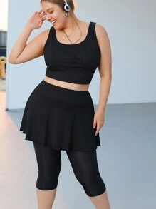 SHEIN EZwear Plus Size Black Running Skirt With Built-In Pockets, Leggings